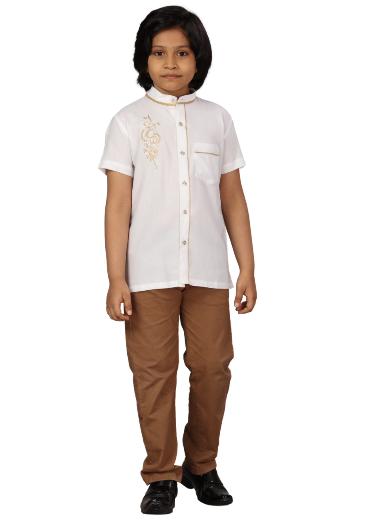 Boy White Gold Embroidered Malbury Rayon Kurta  Shirt Q1418
