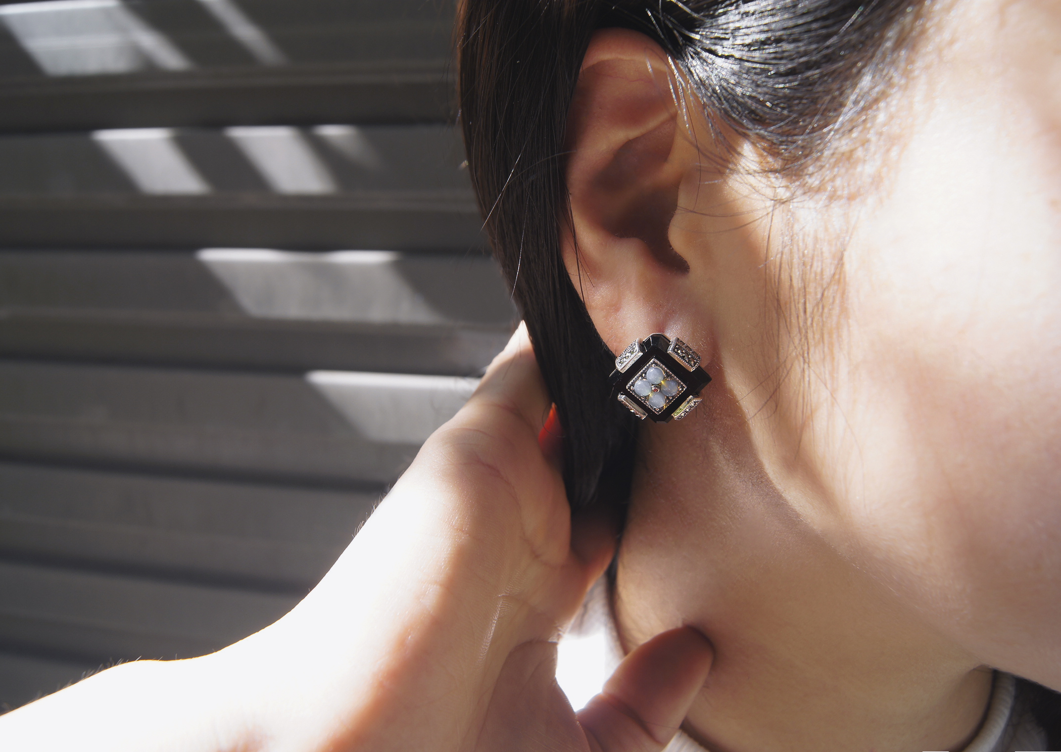 方型黑瑪瑙蛋白石耳環