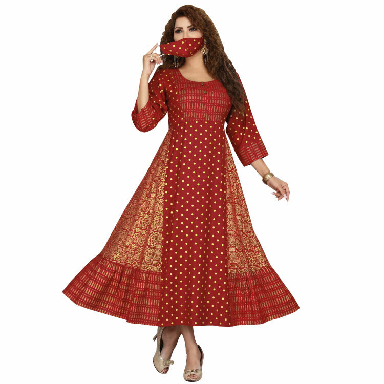 Women Red Gold Print Flair Kurti Gown Dress Q1351
