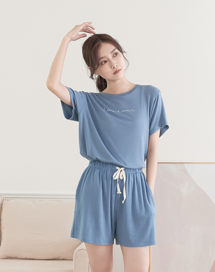 抽繩居家短褲 - 石灰藍