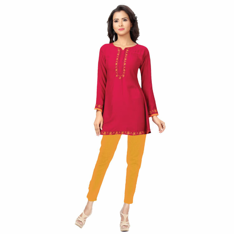 Women Red Orange Embroidered Rayon Straight Kurto Top Q1364