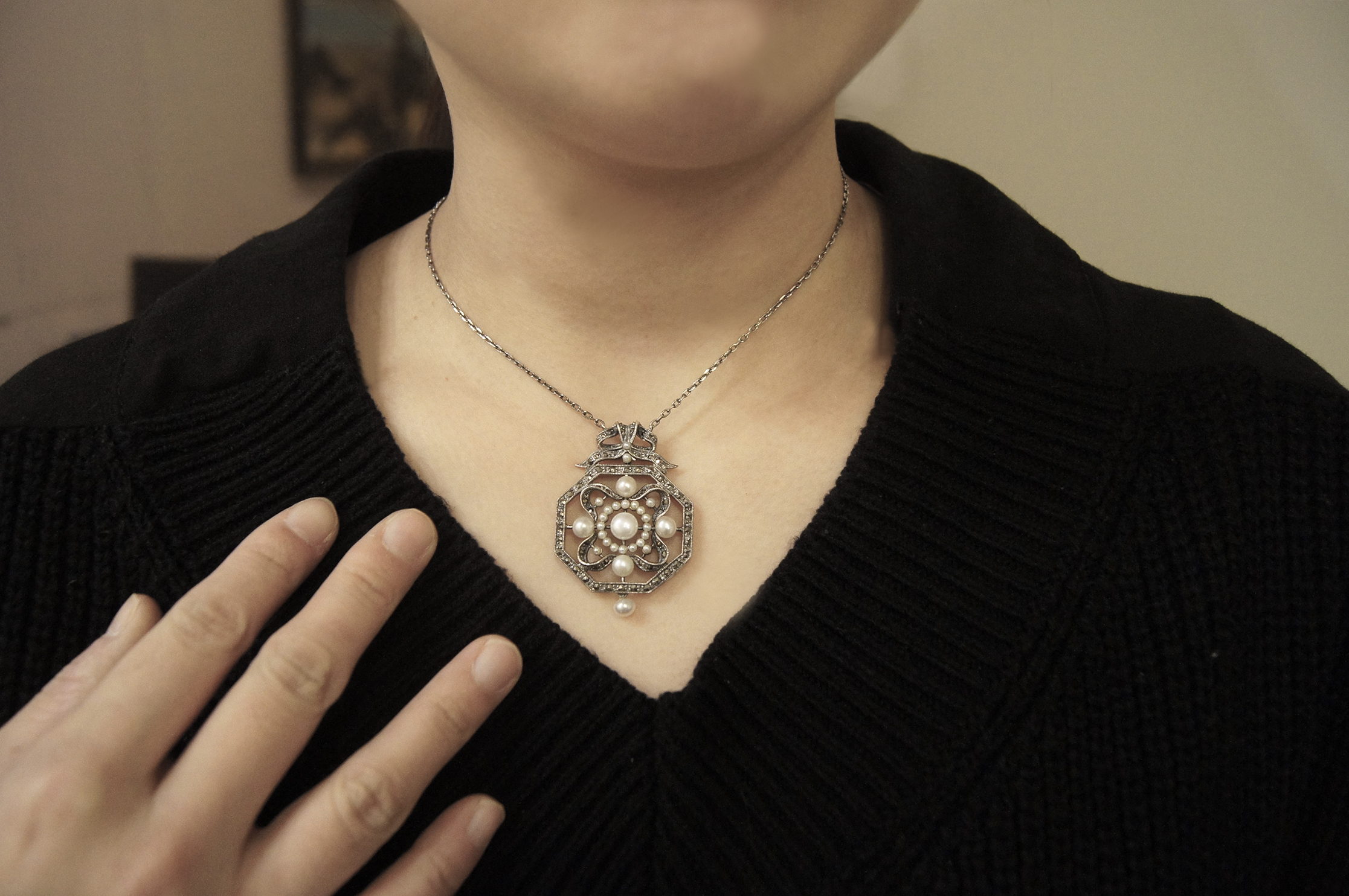 珍珠緞帶八角形項鍊