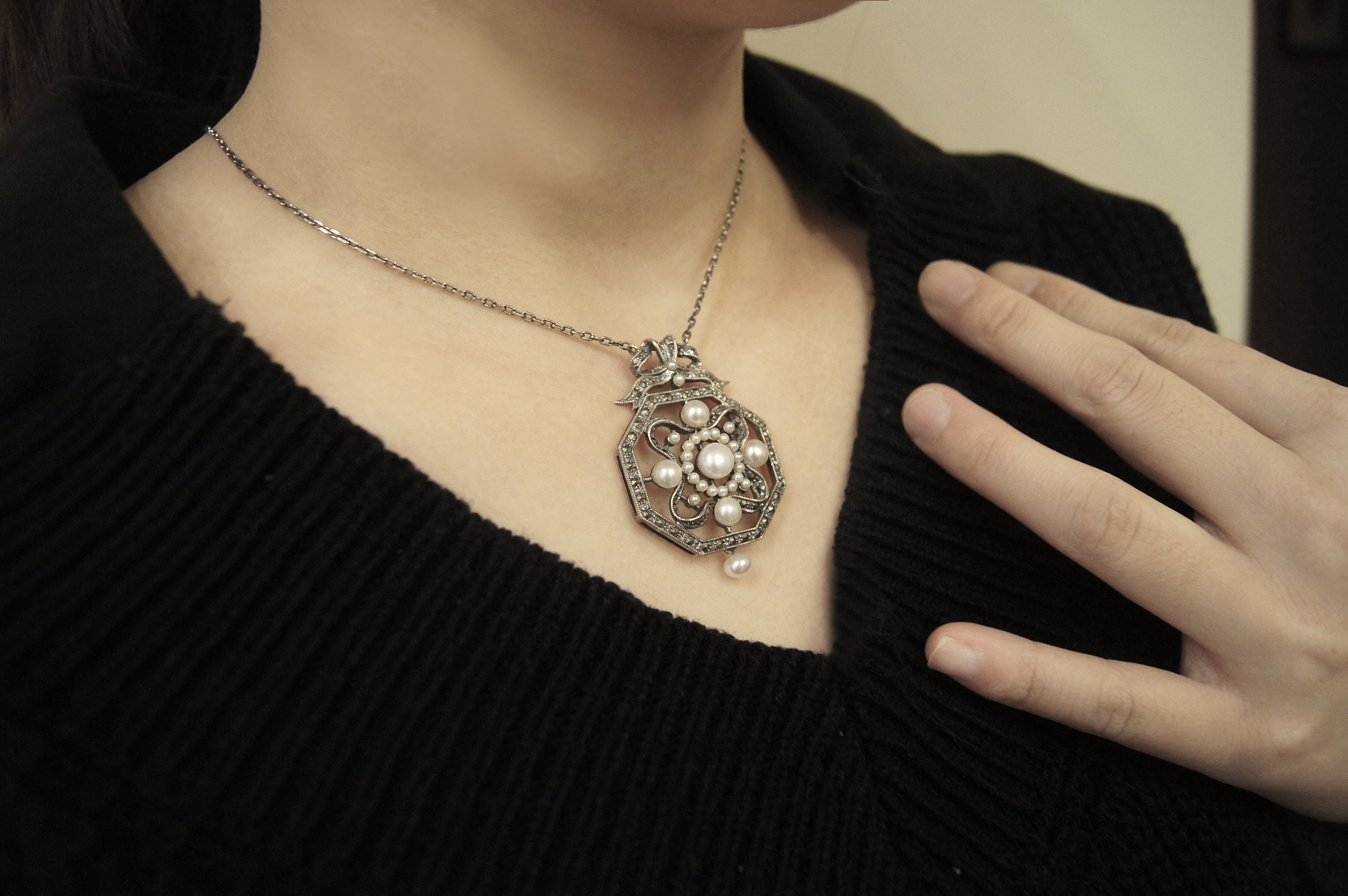 珍珠緞帶八角形項鍊