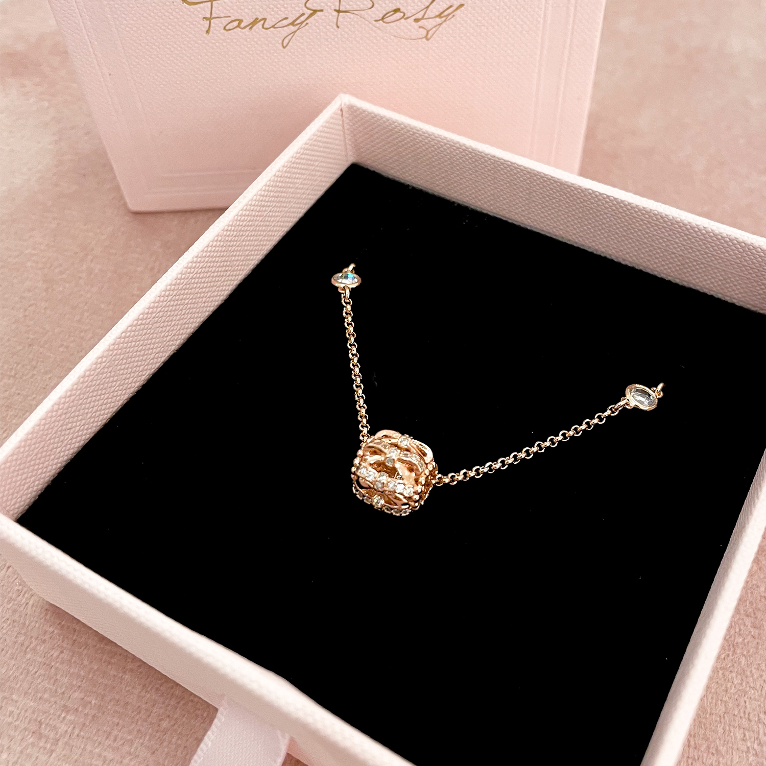 Crystal Bow Bow Necklace (Rose Gold)