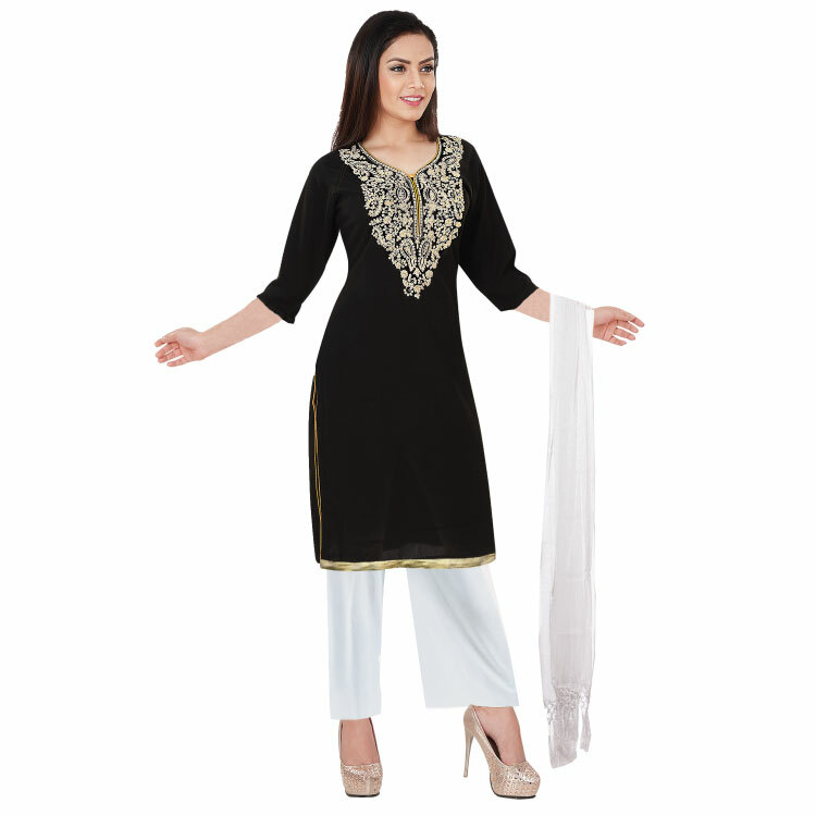 Women Black Georgette With Embroidery Straight Long Kurti Top Q1051