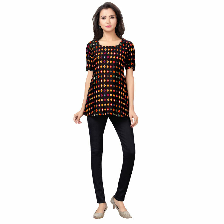 Women Black Diamond Printed Easy care Short Kurti Top Q1359