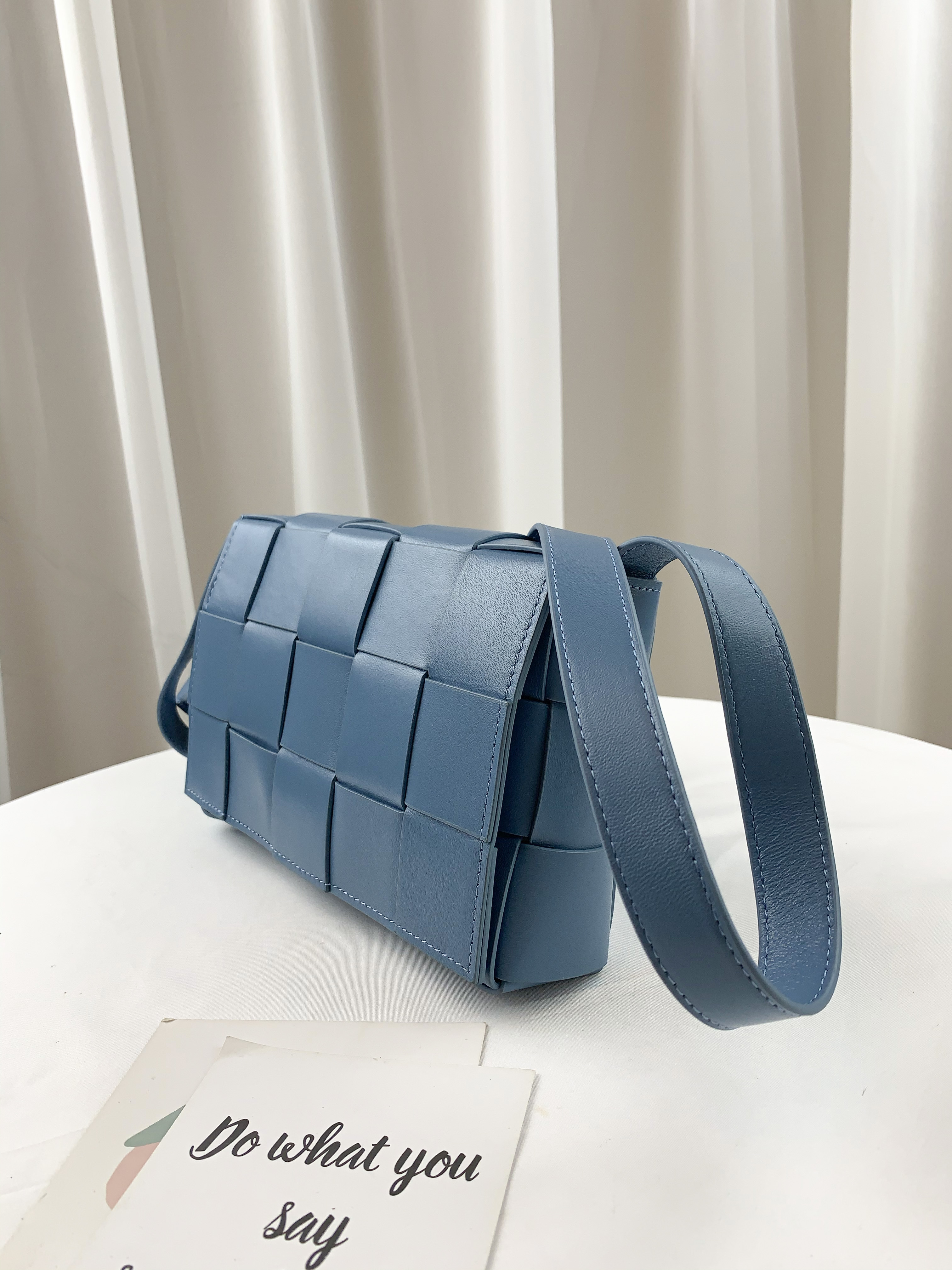 湖水藍 寬編織真皮牛皮側背包 #SM-2975