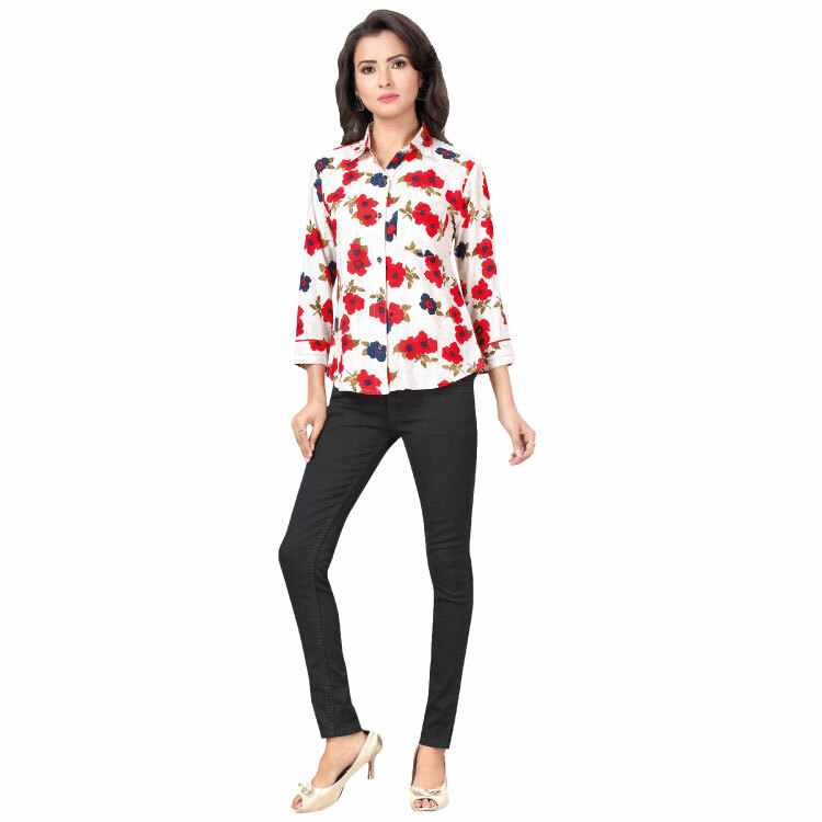 Women White Red Floral Short Kurti Top Blouse Q1357