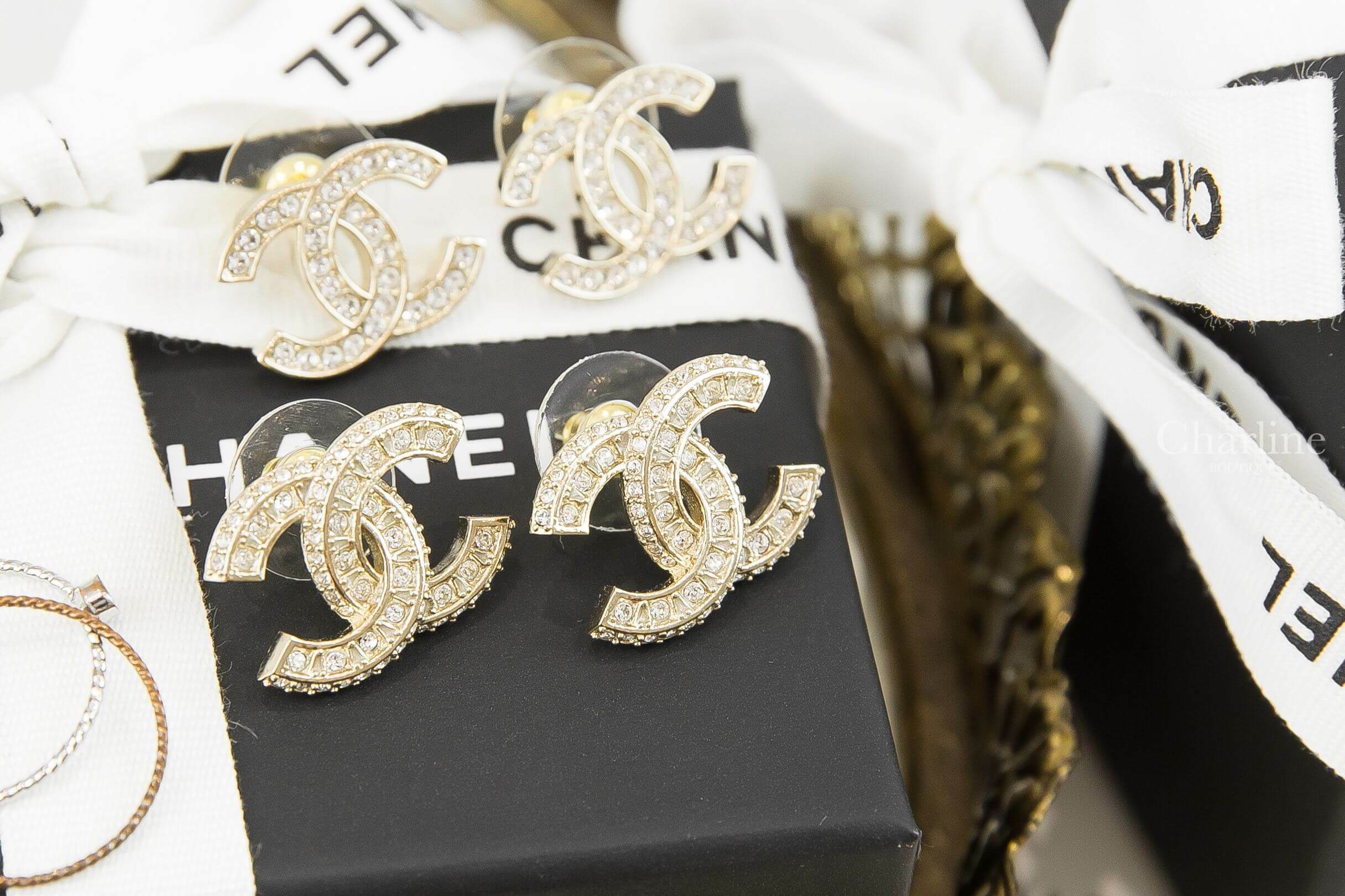 Chanel Earrings 金色方格CC水鑽耳環-Charline Boutique 精品代購