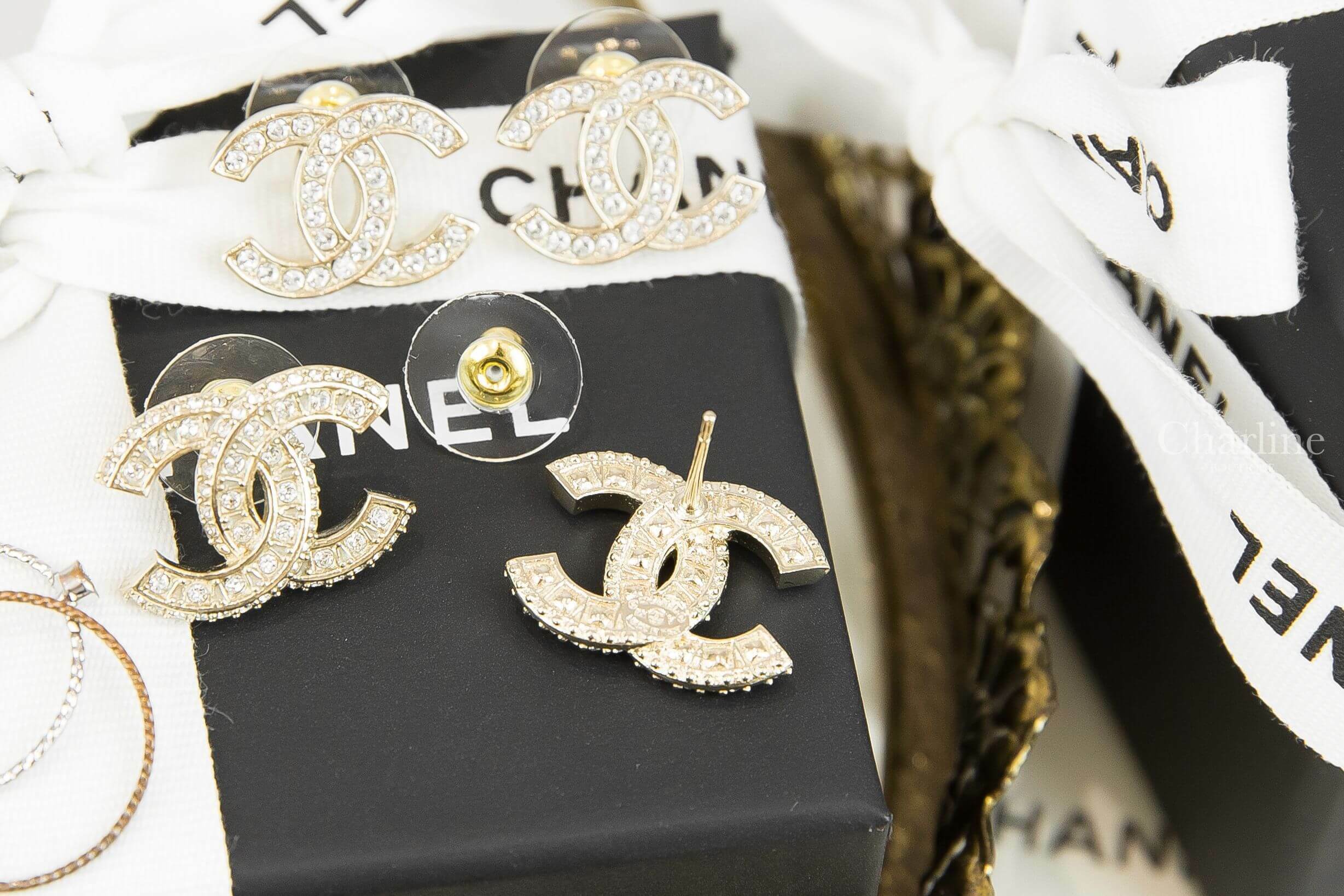 Chanel Earrings 金色方格CC水鑽耳環-Charline Boutique 精品代購