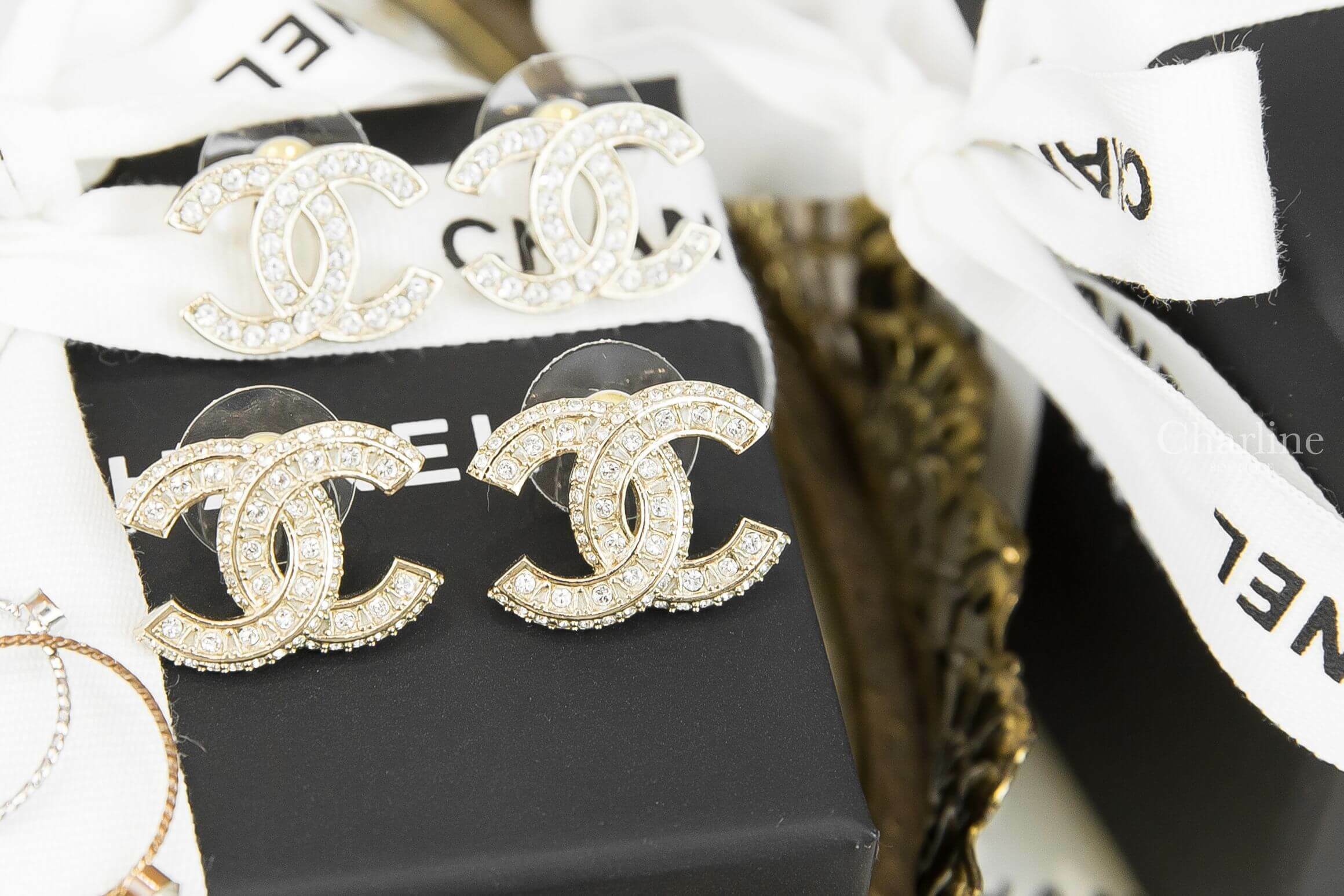 Chanel Earrings 金色方格CC水鑽耳環