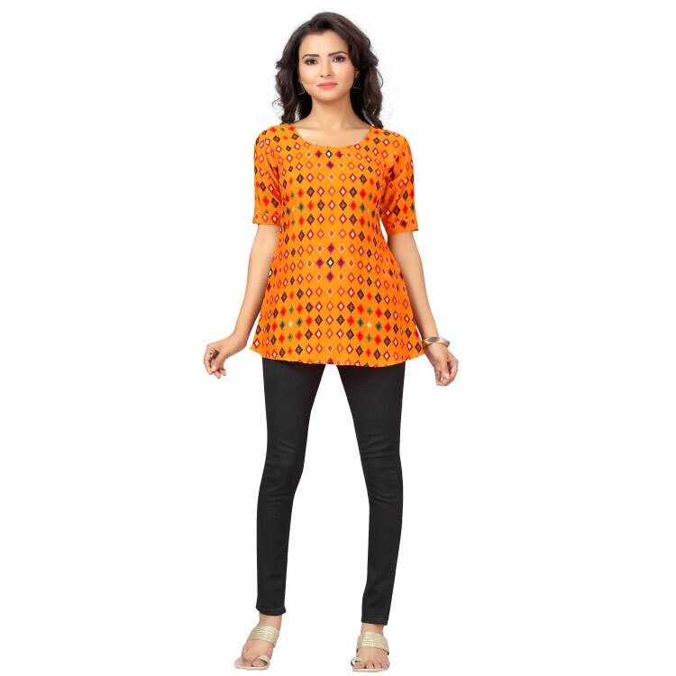 Women Orange Yellow Diamond Printed Easy Care Short Kurti Top Q1354