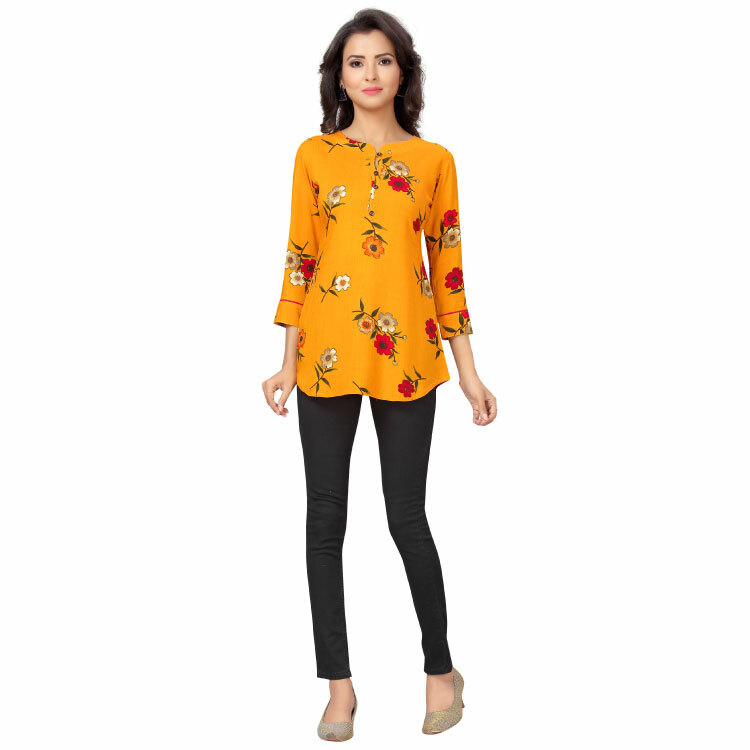 Women Orange Yellow Floral Easy Care Short Kurti Top Q1377