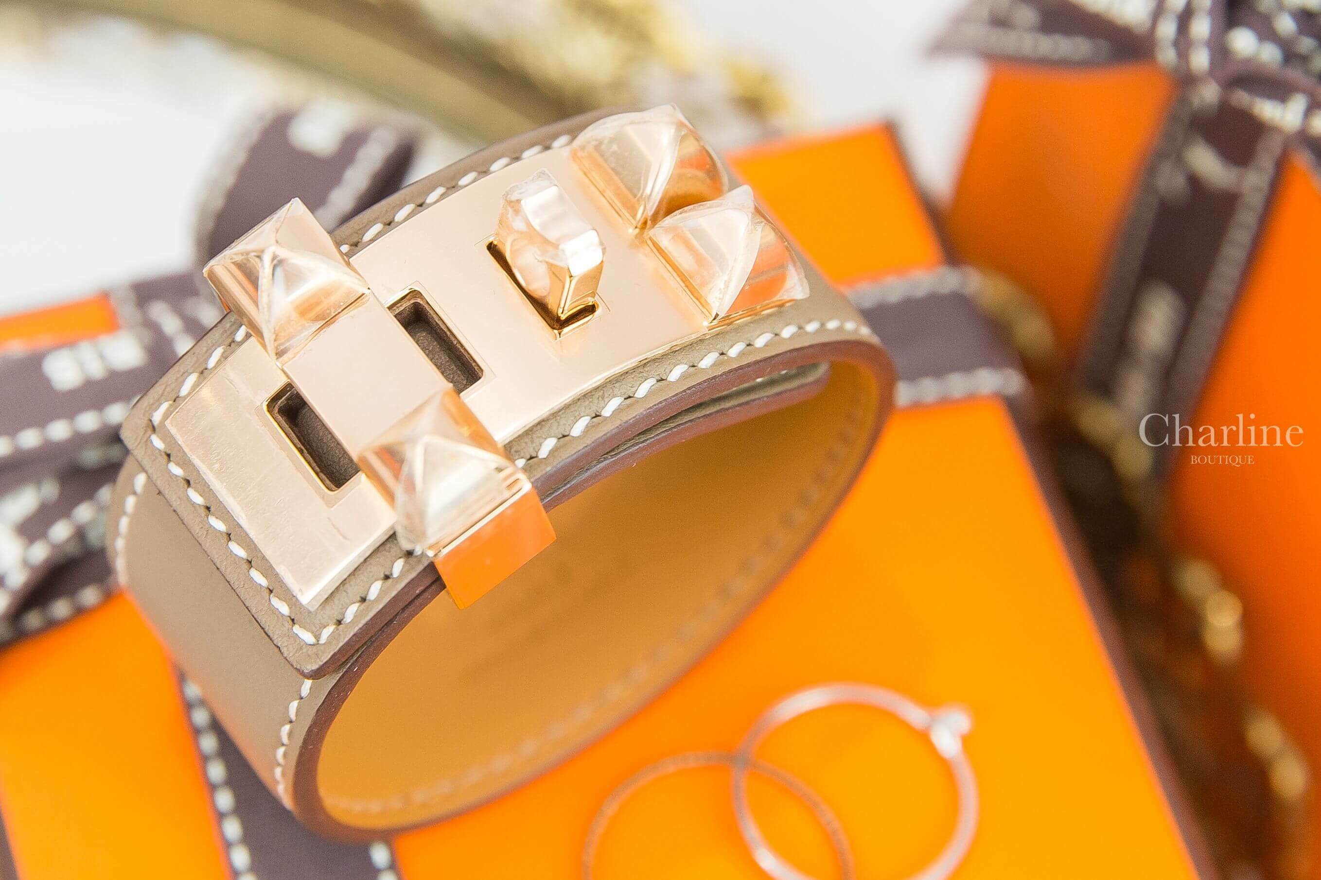Hermès Collier De Chien 24 Bracelet 大象灰玫瑰金釦卯釘手環