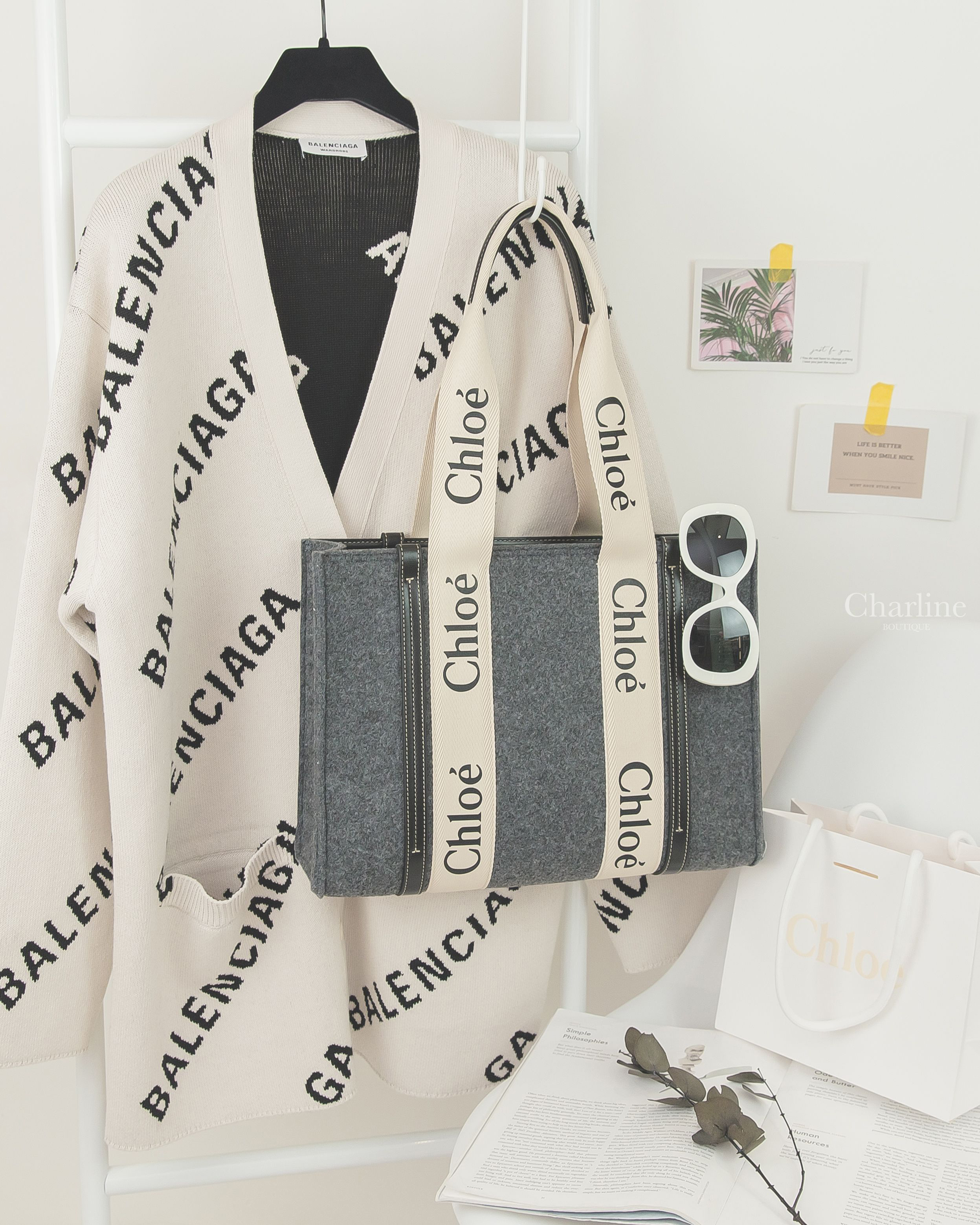 Balenciaga Cardigan 白色滿版黑Logo棉質混羊毛開襟長版長袖外套,Chloe Tote 灰色毛氈拼黑色皮革中型托特包,Chanel Sunglasses 白色方框側邊黑字太陽眼鏡-Charline Boutique 精品代購
