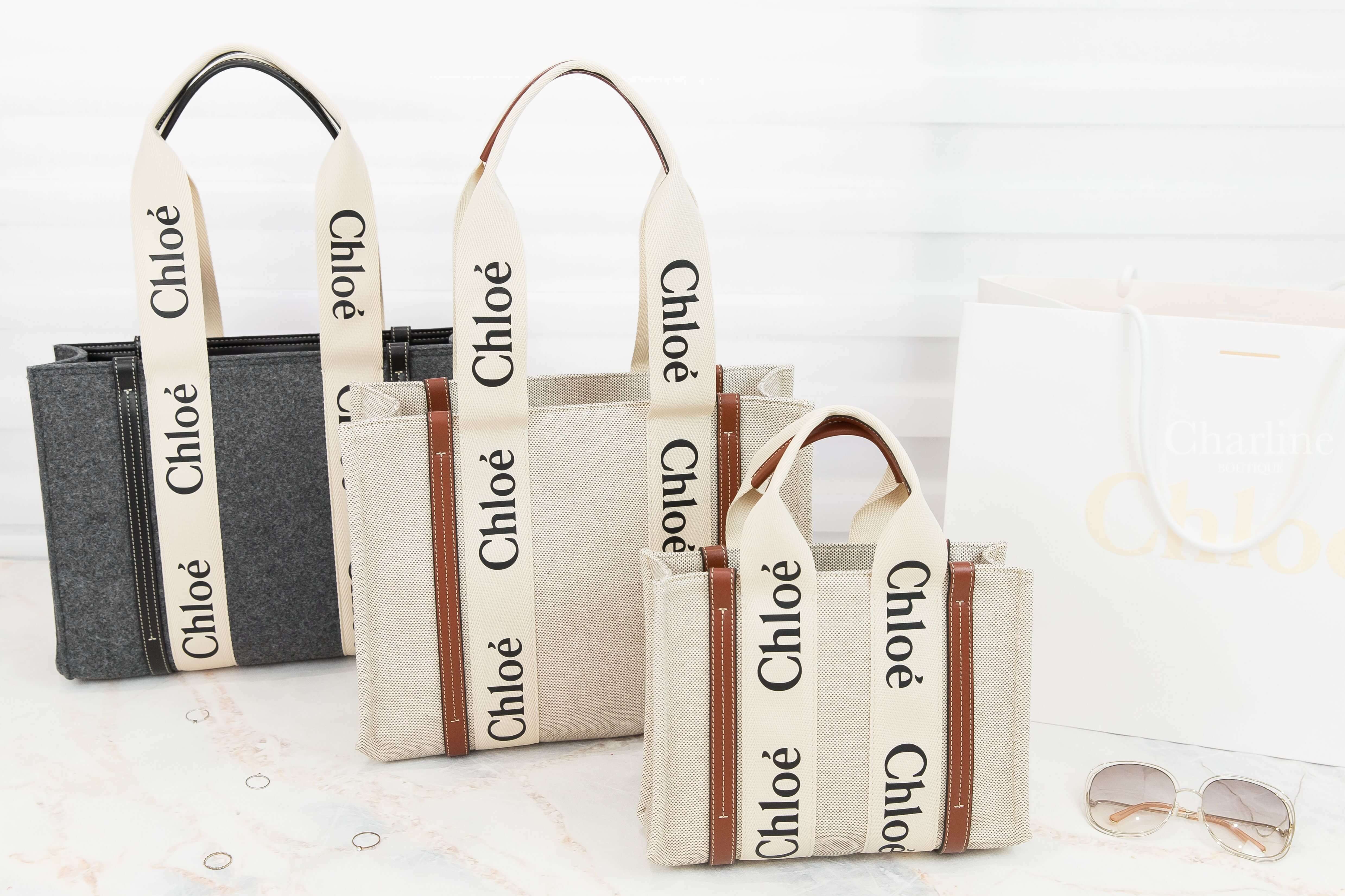 Chloe Tote 灰色毛氈拼黑色皮革黑Logo中型提把托特包,Chloe Tote 米白色帆布拼棕色皮革黑Logo中型提把托特包,Chloe Tote 米白色帆布拼棕色皮革黑Logo小型提把托特包-Charline Boutique 精品代購