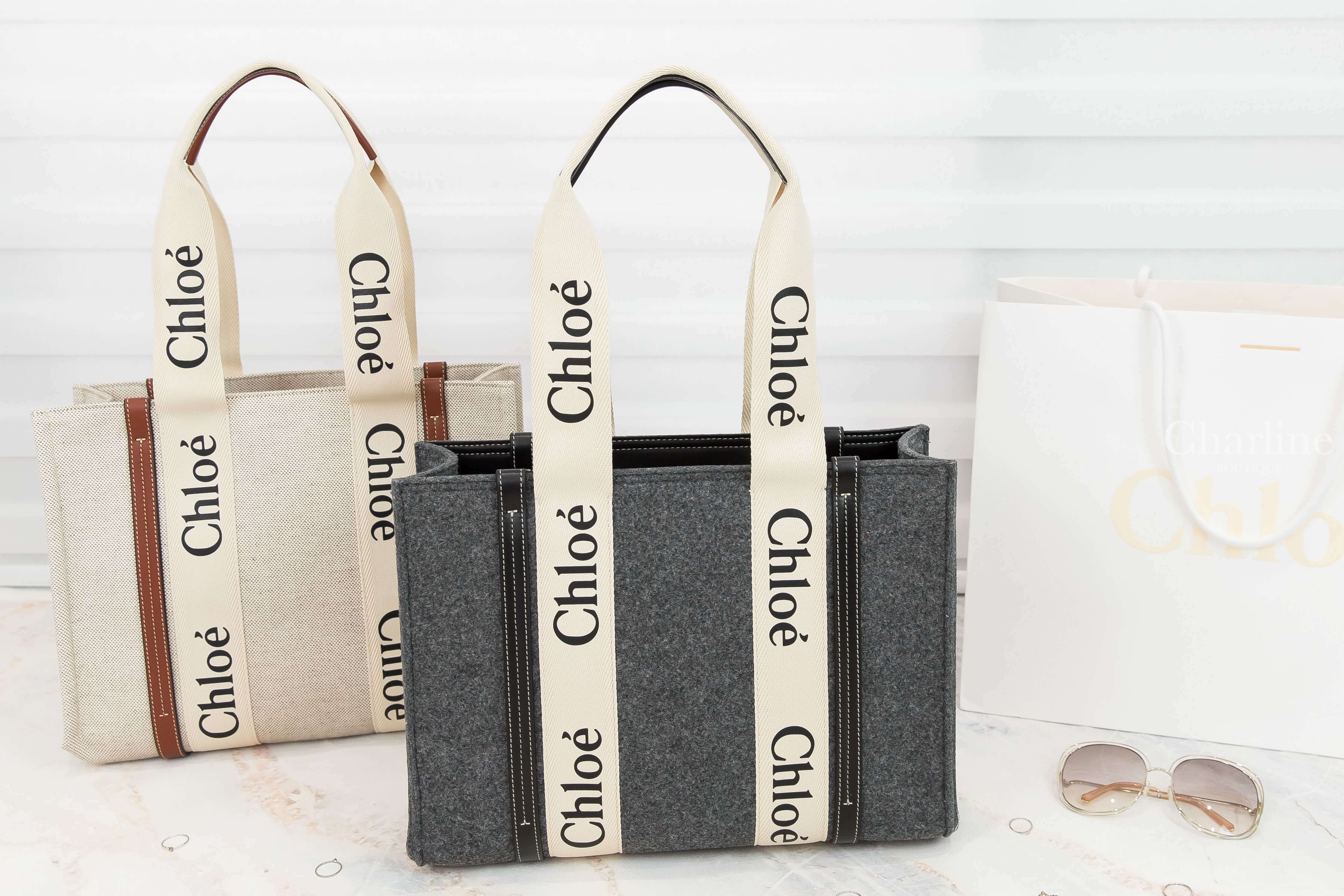Chloe Medium Woody Tote Bag 灰色毛氈拼黑色皮革黑Logo中型提把托特包,Chloe Medium Woody Tote Bag 米白色帆布拼棕色皮革黑Logo中型提把托特包-Charline Boutique 精品代購