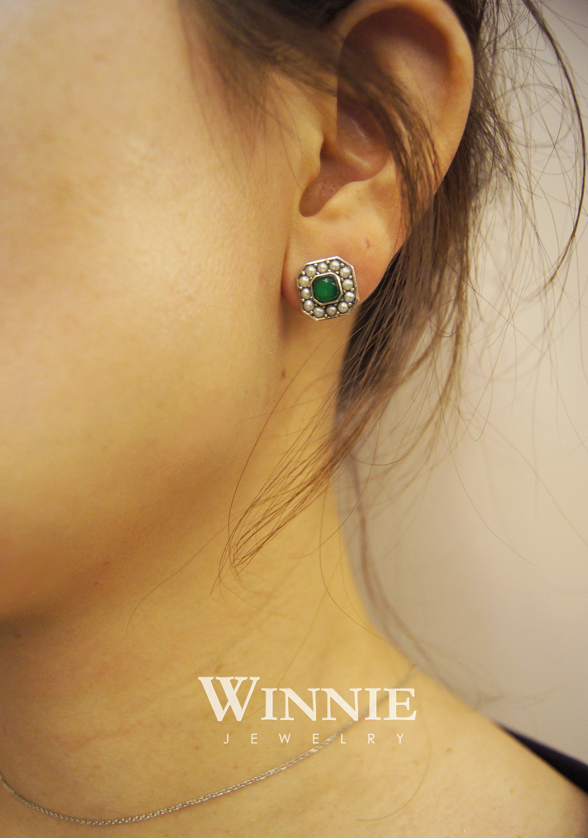 方形綠玉髓米珠耳環