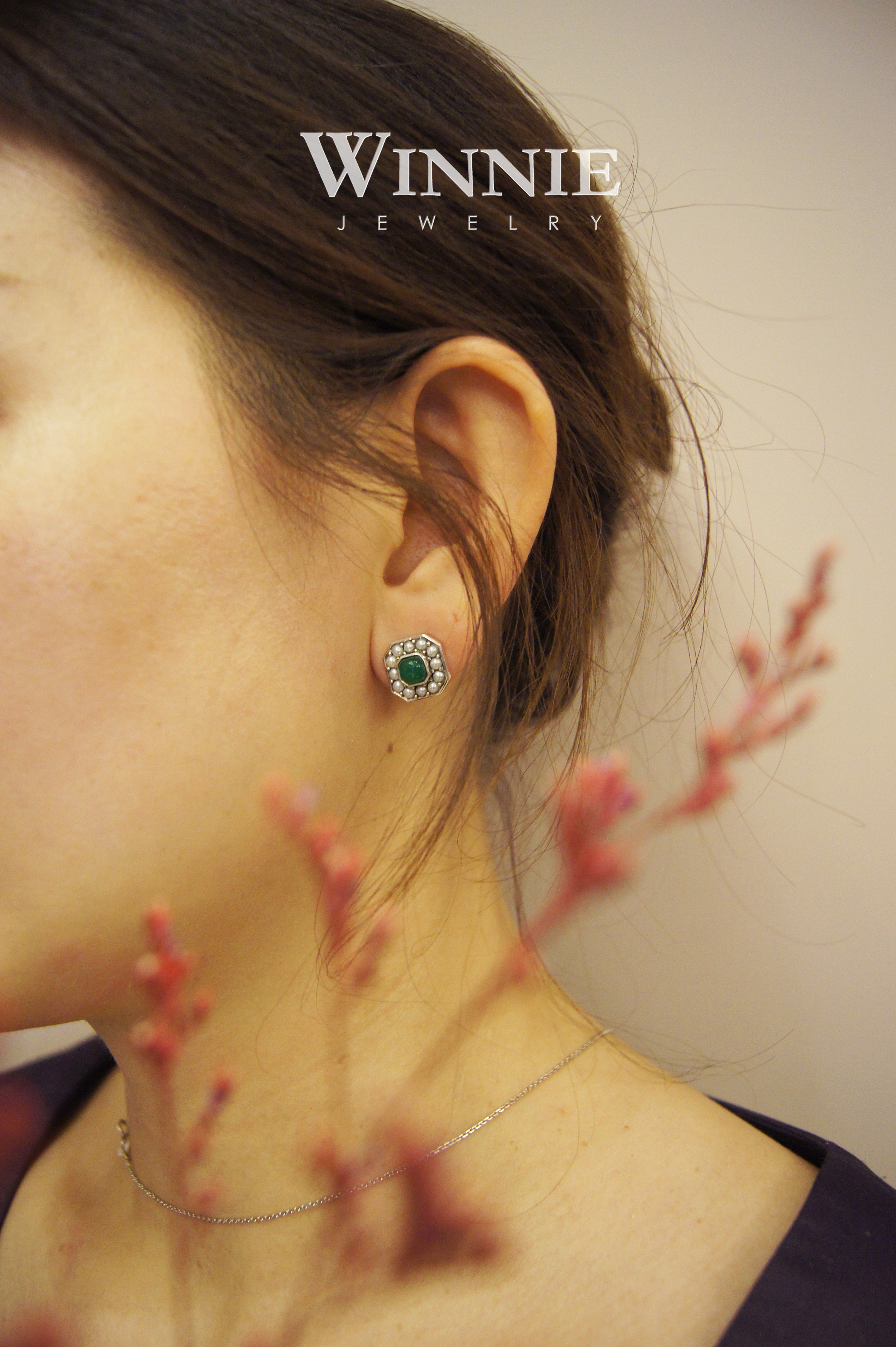 方形綠玉髓米珠耳環