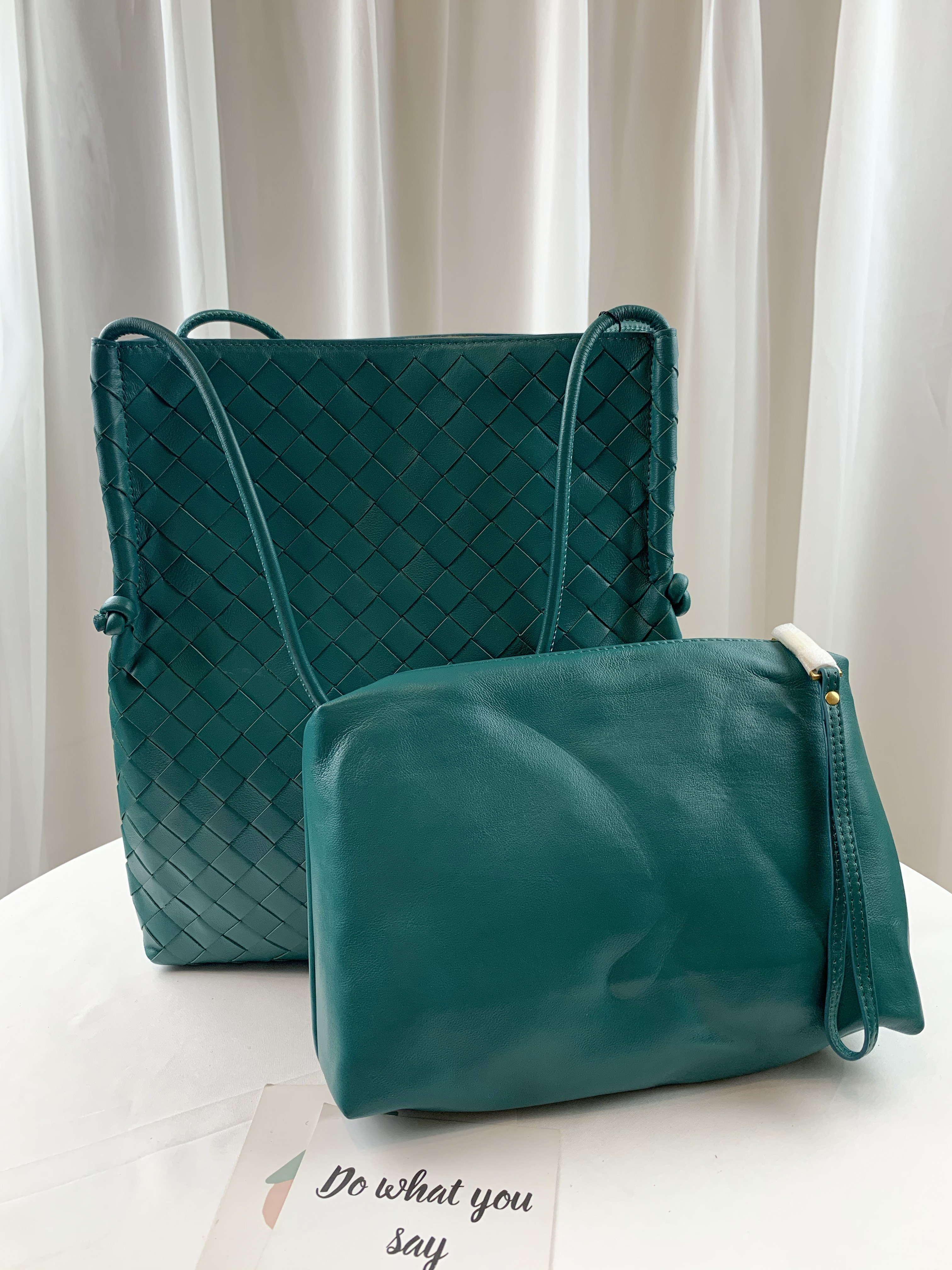 橄欖綠 編織真皮牛皮手提包 附真皮手拿包 #SM-2996