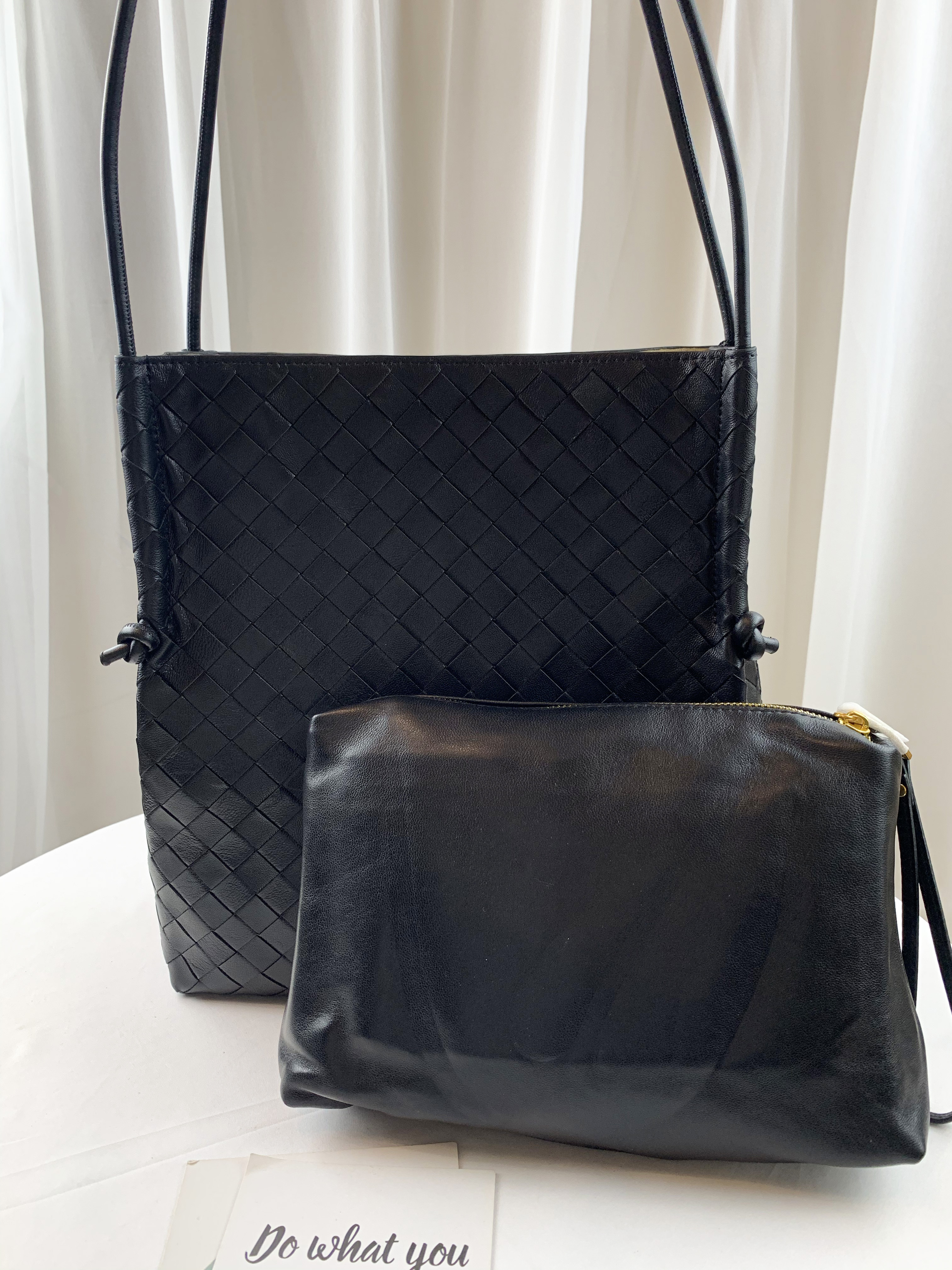 高級黑 編織真皮牛皮手提包 附真皮手拿包 #SM-2996