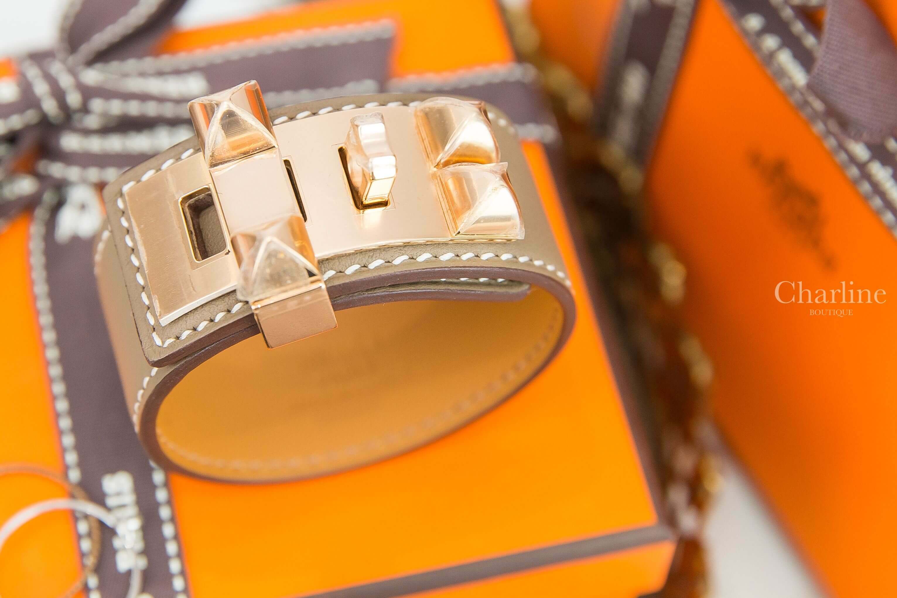 Hermès Collier De Chien 24 Bracelet 大象灰玫瑰金釦卯釘手環