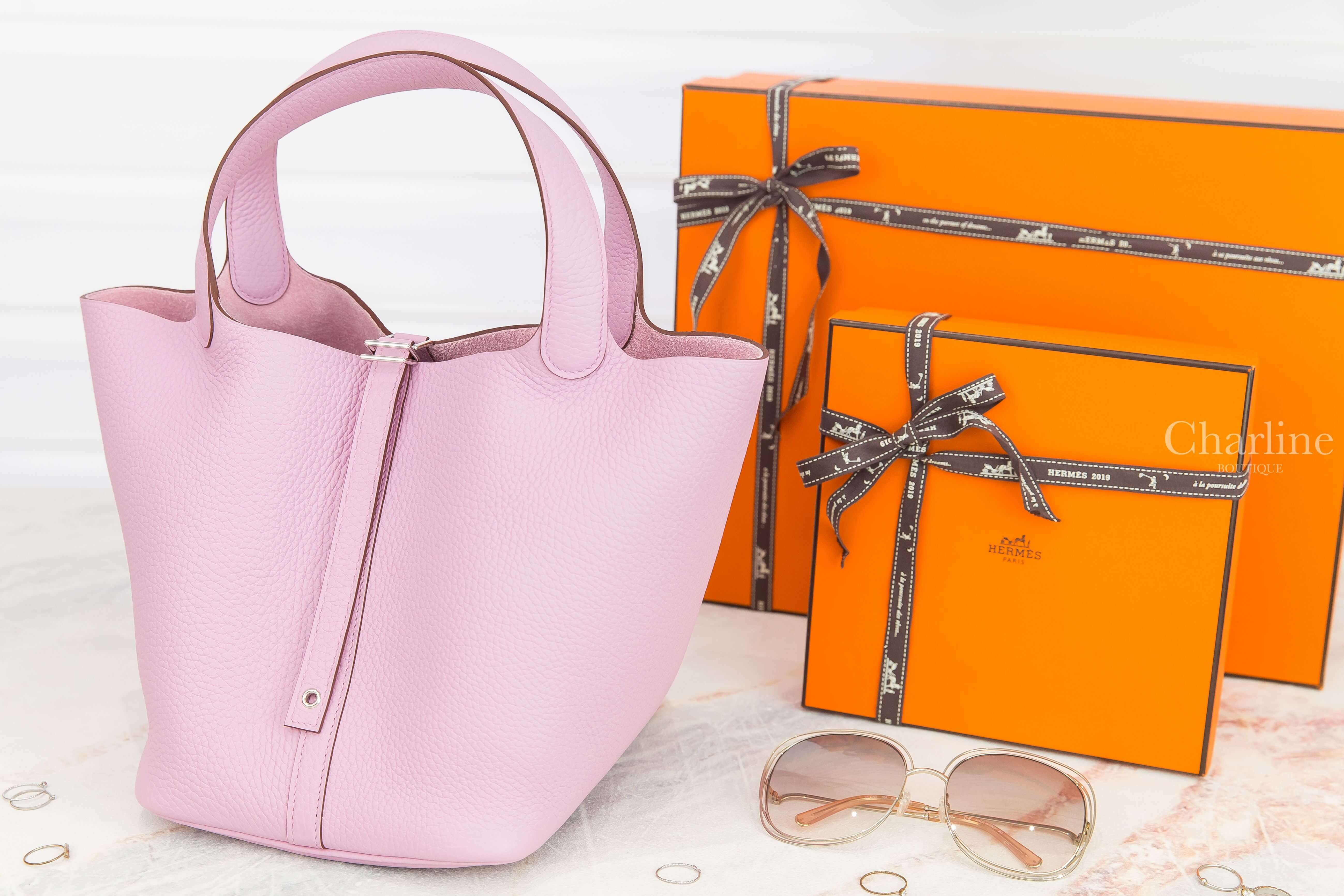 Hermès Picotin Lock 22cm X9 Mauve Sylvestre Taurillon Clemence Z刻錦葵粉銀釦中型提把水桶包-Charline Boutique 精品代購