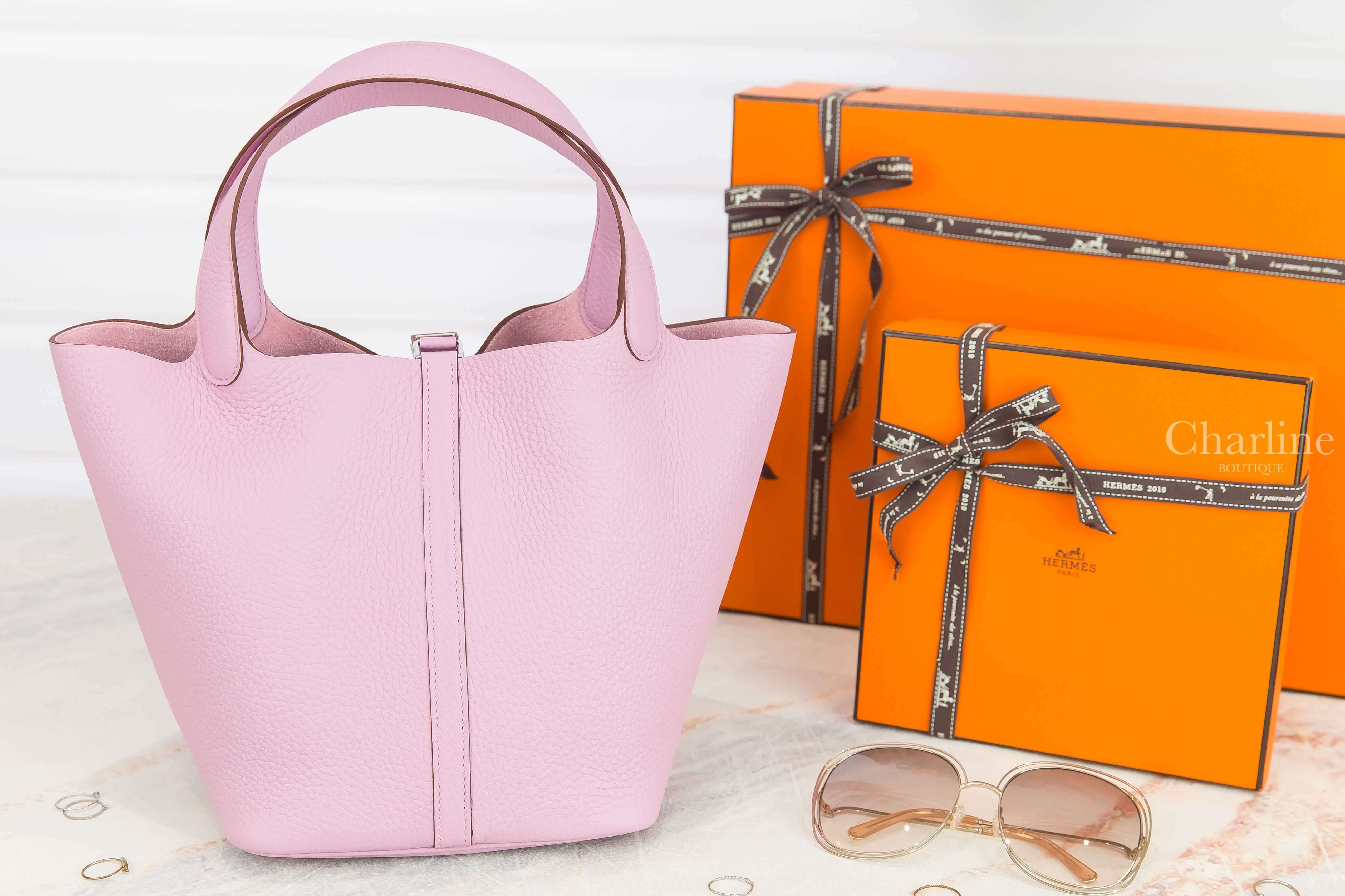 Hermès Picotin Lock 22cm X9 Mauve Sylvestre Taurillon Clemence Z刻錦葵粉銀釦中型提把水桶包-Charline Boutique 精品代購
