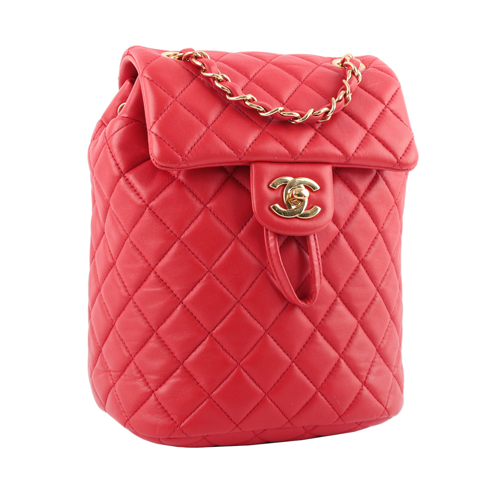 【CHANEL】金釦小羊皮菱格紋翻蓋迷你後背包