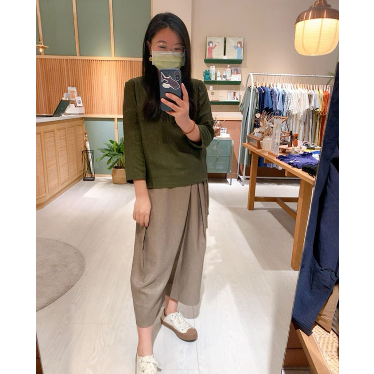 森林麻感七分袖上衣-鮮橄欖