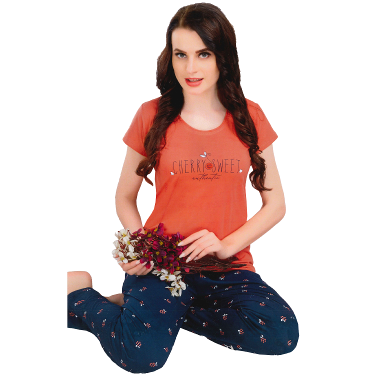 Women Orange Top Navy Blue Pant T Shirt Material Night Suit Set LNW1