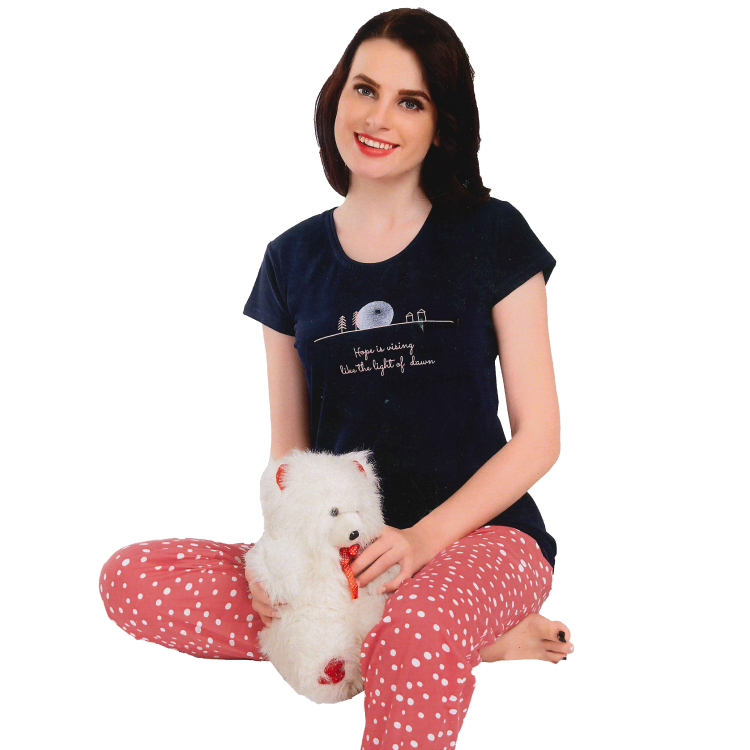 Women Navy Blue Top Pink White Polka Dot Pant T Shirt Material Night Suit Set LNW2