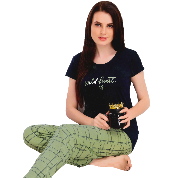 Women navy Blue Top Green Checked Pant T Shirt Material Night Suit Set LNW3