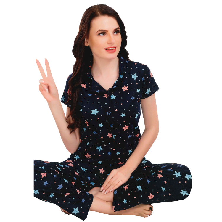 Women Black T Shirt Material Night Suit Set Pajamas LNW4