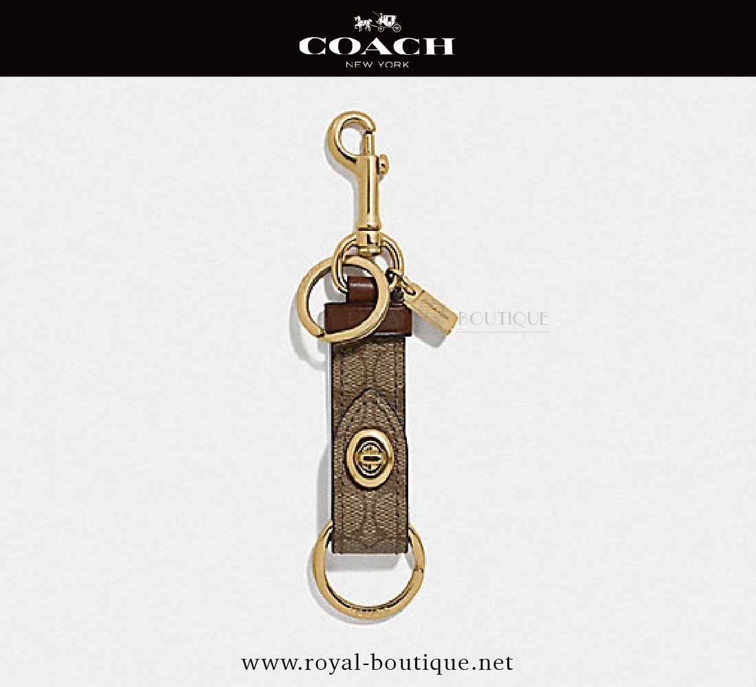 COACH 滿版logo波士頓真皮金屬旋釦雙環掛勾鑰