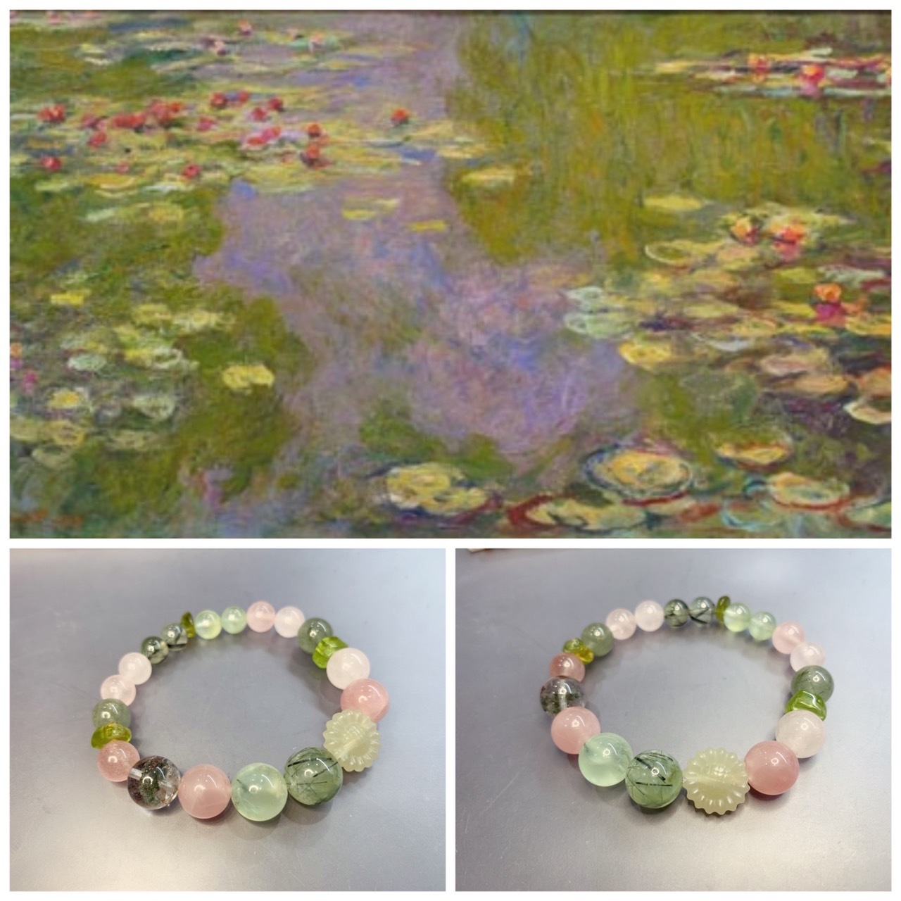 世界名畫系列_莫內睡蓮系列丨馬粉晶、葡萄石、綠髮晶和綠幽