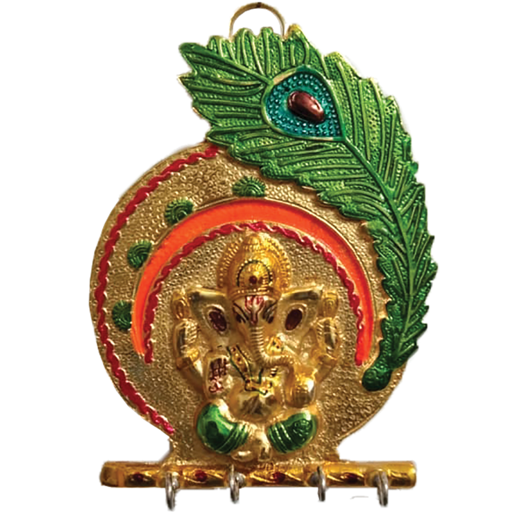 Lord Ganesha Morpankh 4 Hooks Metal Key Hanger Chain Holder for Home Decor Or Office BB043