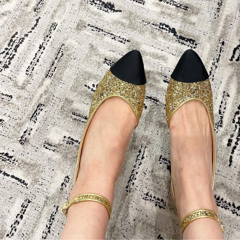 拚色亮片 真皮淺口休鞋鞋(34-40)(金/黑)