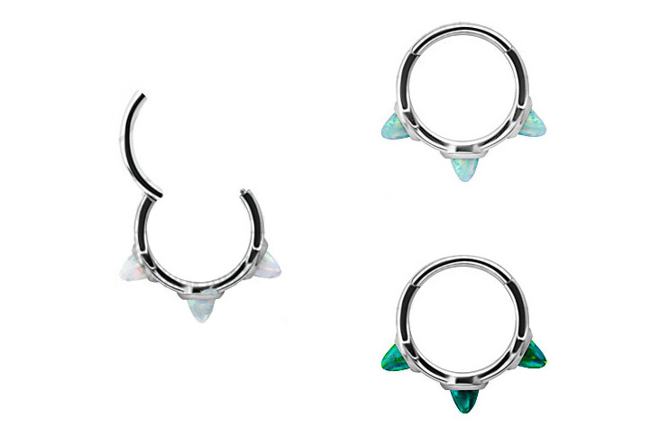 SS316L HINGED CLICKER WITH LONG LAB CREATED OPAL 3 SPIKES