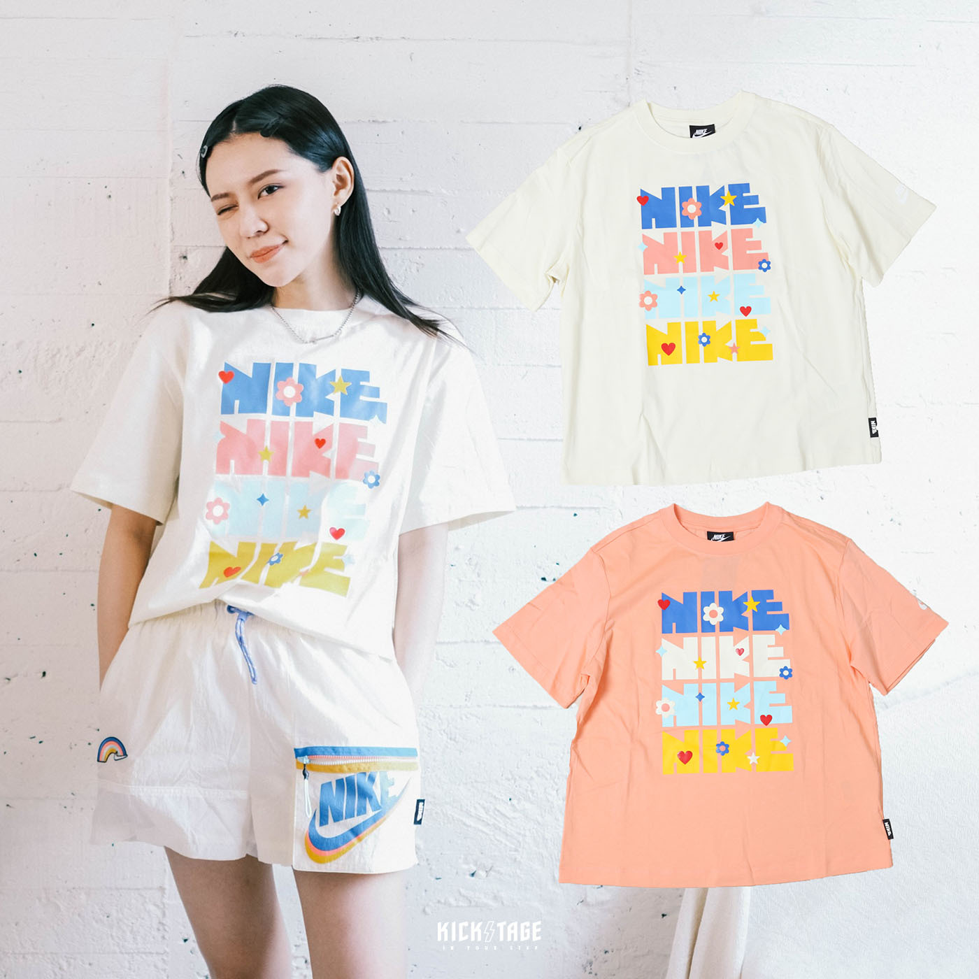 **特價商品售出不退換**女款 NIKE NSW TEE 淡黃色 粉橘色 繽紛 彩色 串標 彩虹 小花 塗鴉 小標 短T【DJ5377-111】Rainbow