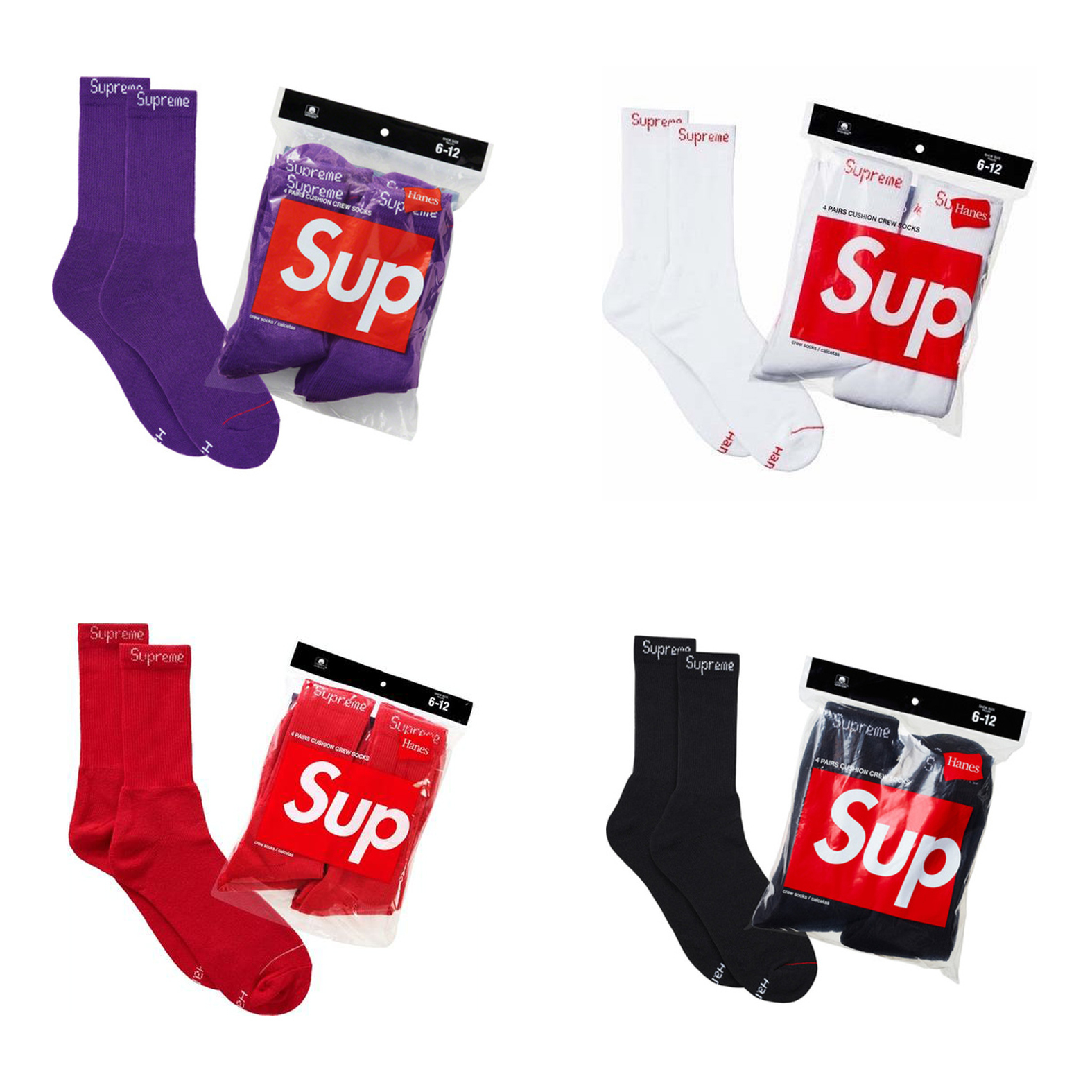 SUPREME HANES CREW SOCKS 長襪 黑/白/紫/紅