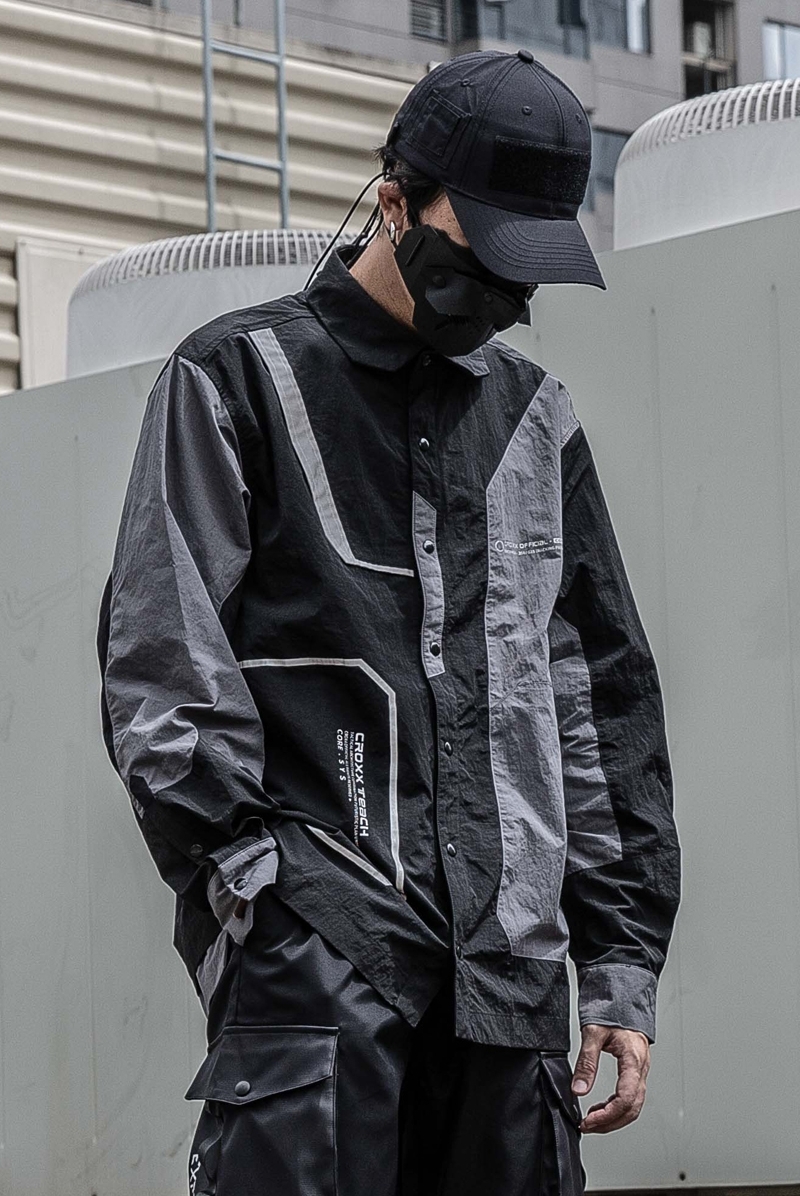 ins灰黑拚色皺感襯衫