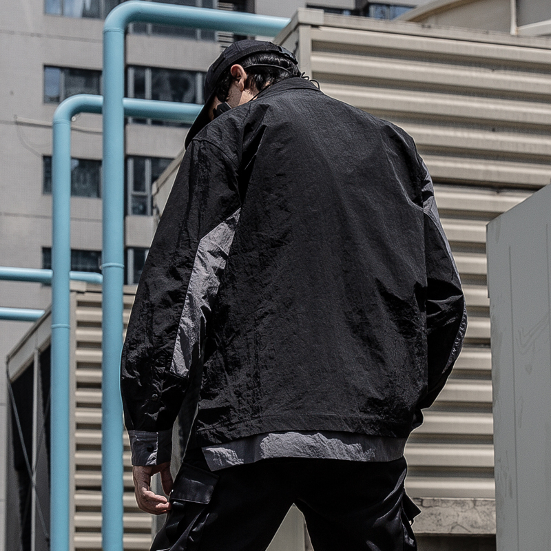 ins灰黑拚色皺感襯衫