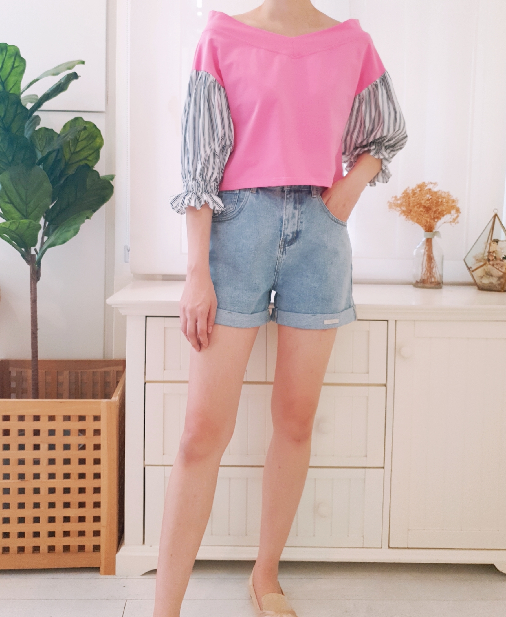 STRIPES PUFF SLEEVE OFF SHOULDER BLOUSE