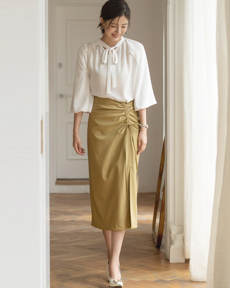 藍紫L /米白L【零碼出清不退換】蝴蝶領結澎袖雪紡上衣