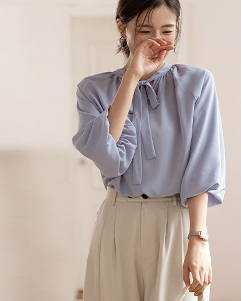 藍紫L /米白L【零碼出清不退換】蝴蝶領結澎袖雪紡上衣