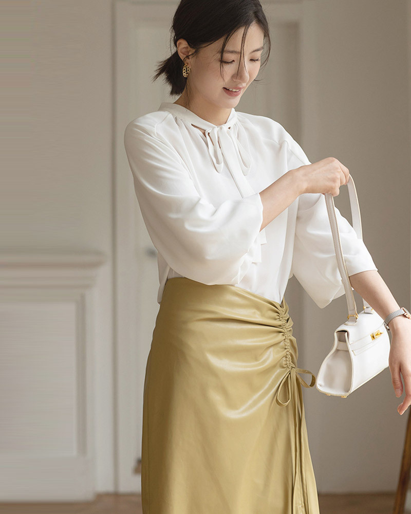 DEER.W 蝴蝶領結澎袖雪紡上衣 米白