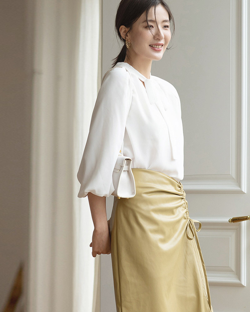 DEER.W 蝴蝶領結澎袖雪紡上衣 米白