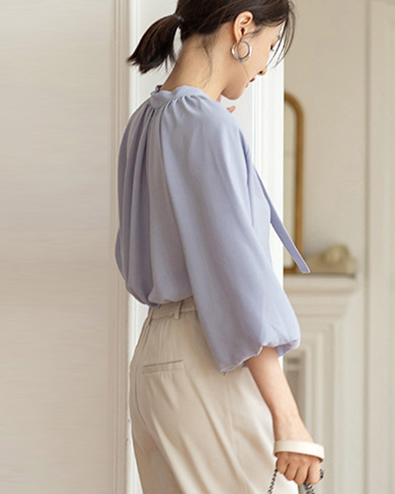 DEER.W 蝴蝶領結澎袖雪紡上衣 藍紫