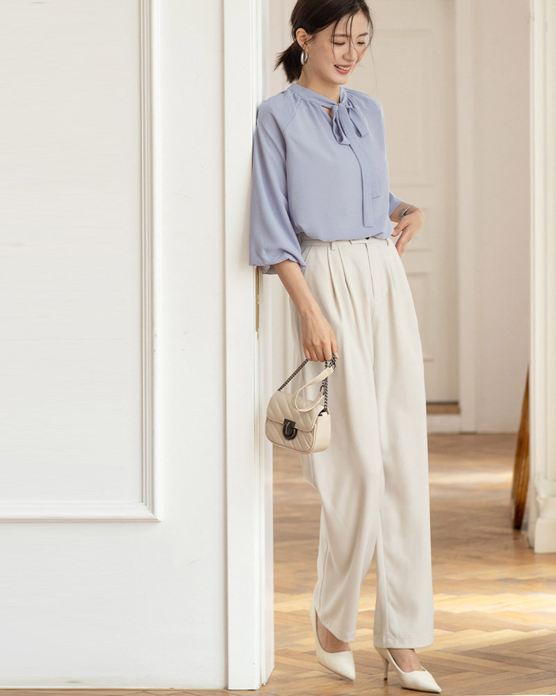 DEER.W 蝴蝶領結澎袖雪紡上衣 藍紫